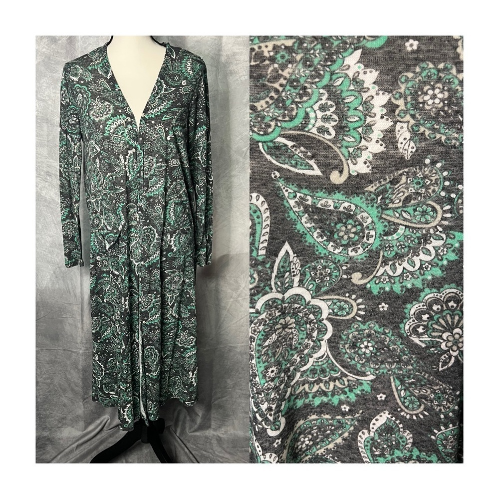 LuLaRoe Green and Gray Paisley Sarah Double Pocket Open Front Cardigan - MED